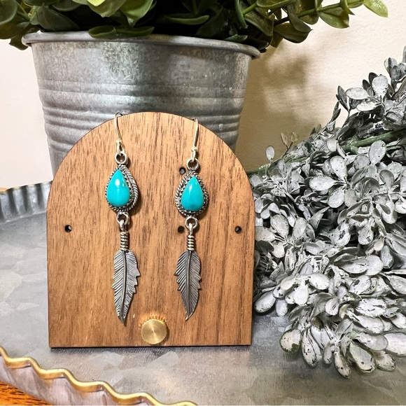 Hand Crafted Jewelry - Turquoise & Sterling Feather Dangle Earrings | 925 Sterling Silver